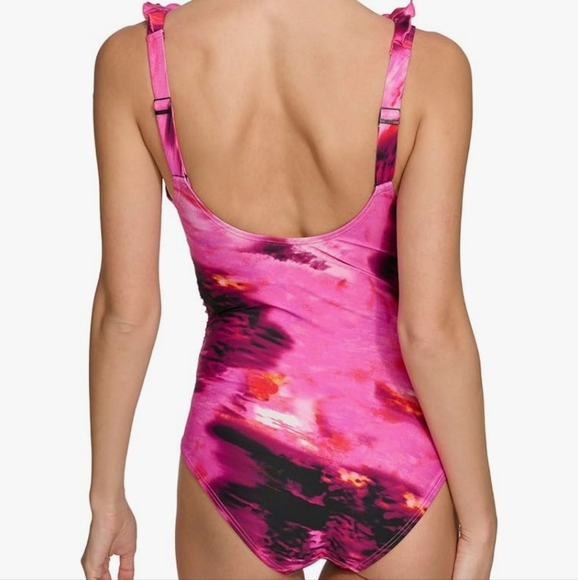 DKNY Womens Ruffle Neck One-Piece Pink Multi - Picture 3 of 3